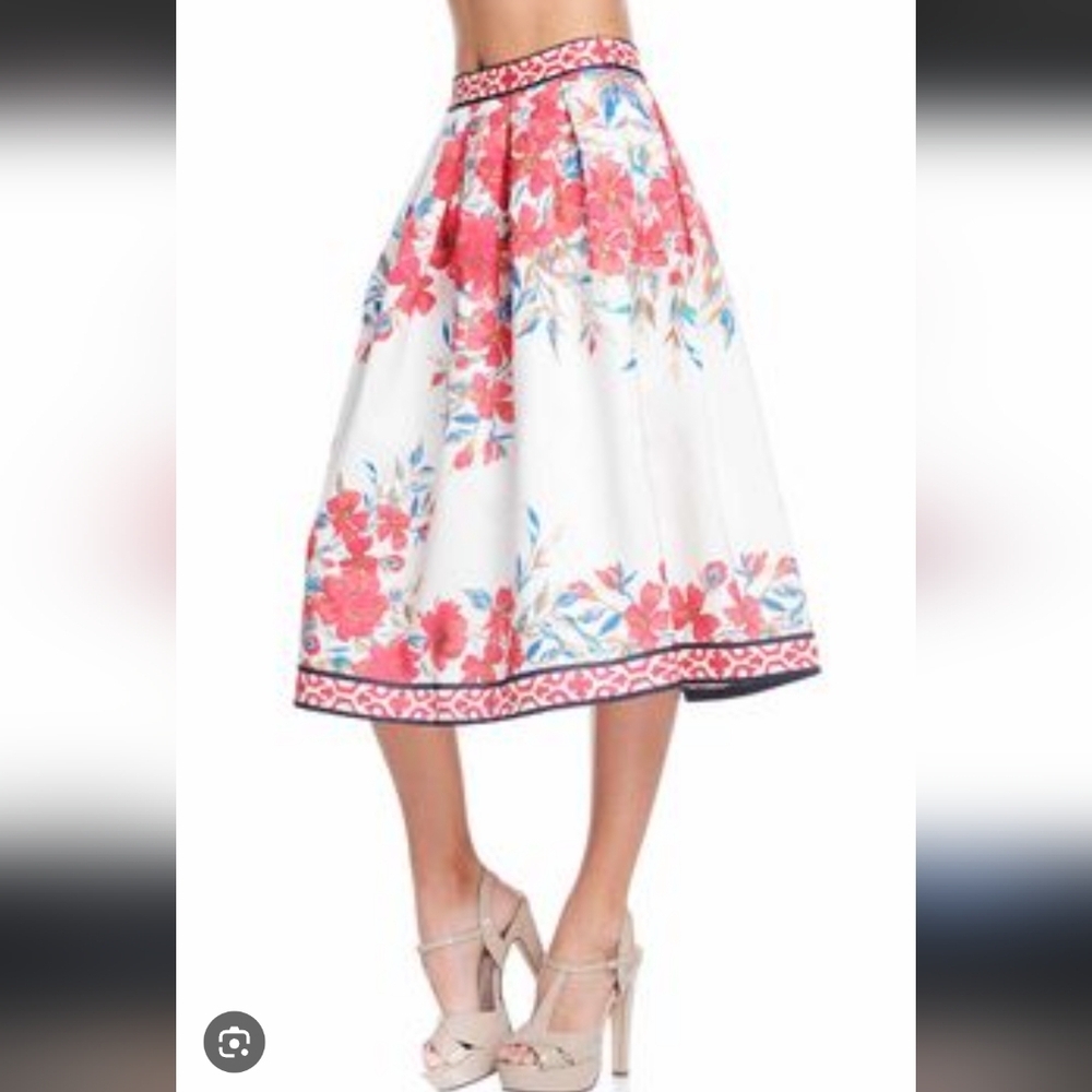 Flying Tomato Full Skirt Floral Elegant Midi Tea Length Pockets Red Pink Sz S